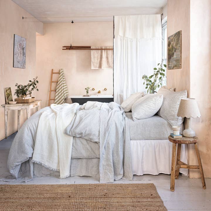 Piglet in Bed USA - Wholesale Bedding Pillowcase/Sham - Gray Mini Stripe Linen Blend Pillowcases (Pair)