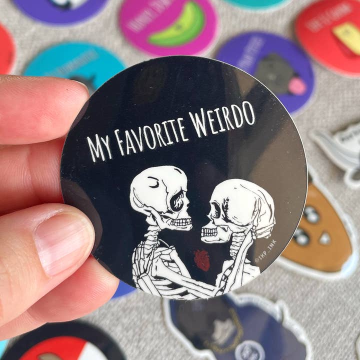 My Favorite Weirdo 2 inch Vinyl Skeletons in Love Sticker for wholesale by SKP ink