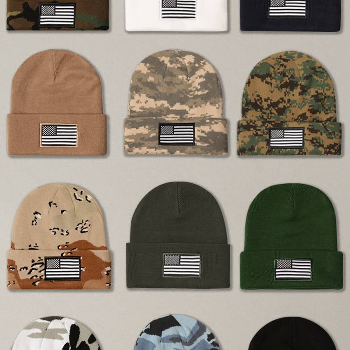 Fashion City - Wholesale Beanie - Unisex - USA Flag Embroidery Patch Cuff Camo Beanie Hat2
