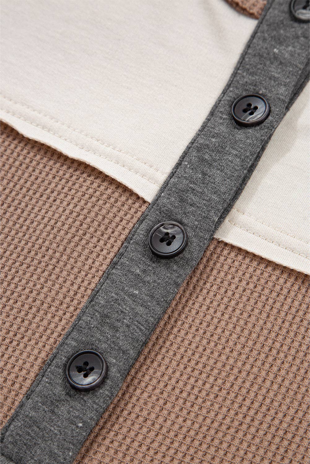 Jet Stream Color Block Waffled Patchwork Loose Henley Top for wholesale on Faire5