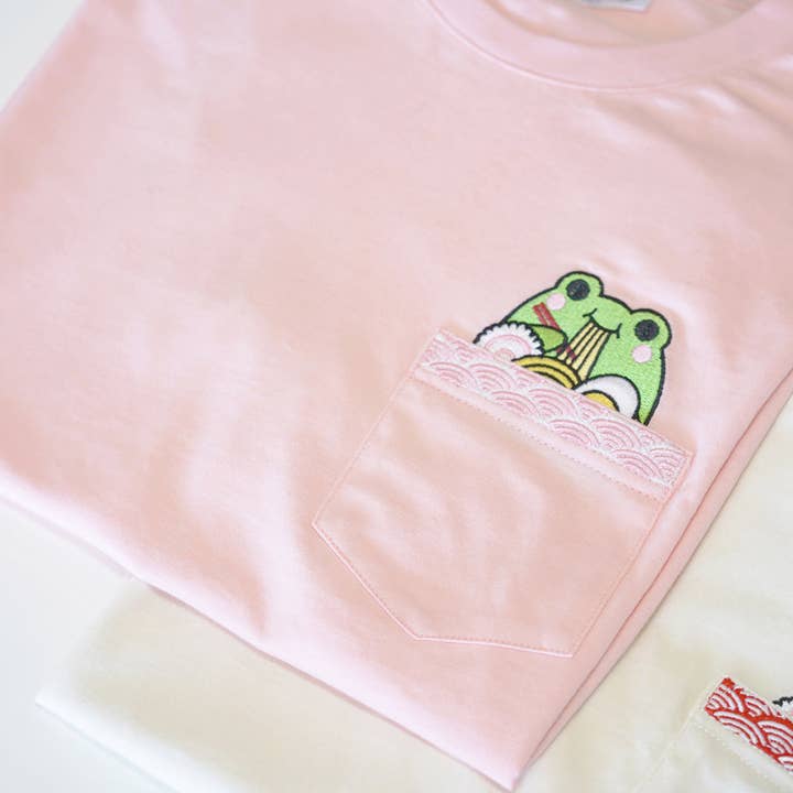 Frog Ramen Embroidered Pocket Tee | Blush Pink for wholesale by Jessthechen