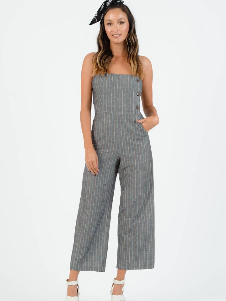 Linen SQUARE NECK JUMPSUIT-BLACK RAINBOW for wholesale by Lucca Couture