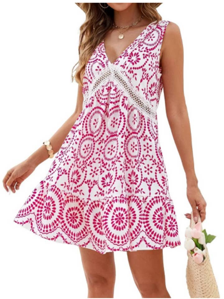 Wholesalesir - Wholesale Dress - Women's - Printed Hollow Lace V-neck Sleeveless Dress3