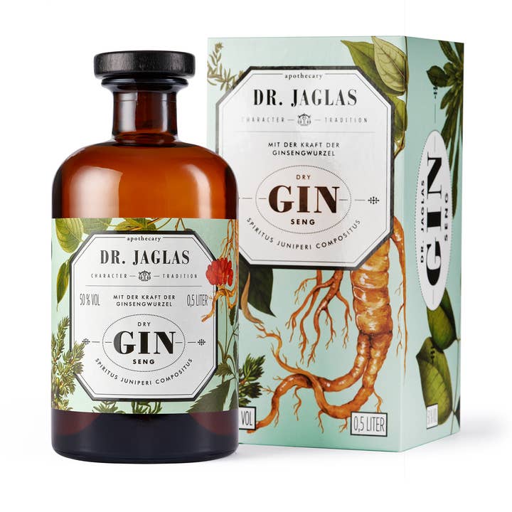 Dr. Jaglas - Vendita all'ingrosso Gin - Dry Gin Seng gin artigianale, senza zucchero, vegano, con confezione regalo design0