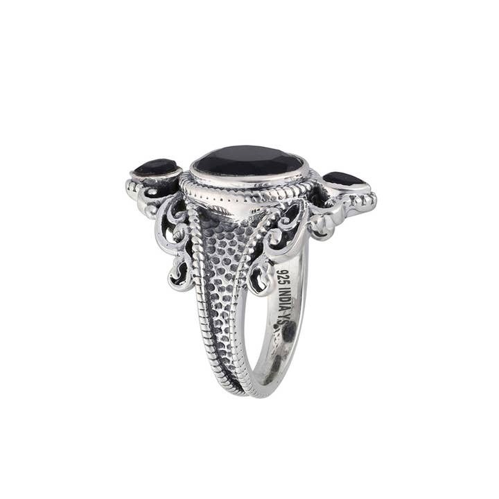 Tiramisu - Wholesale Cocktail/Statement Ring - 925 Silver Midnight Sovereign Ornate Black Onyx Ring1