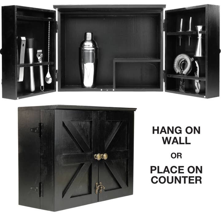 Black Barndoor Bar Cabinet with 10 Piece Bar Set for wholesale on Faire2