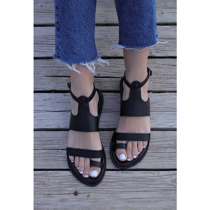 Sandálias gregas de couro preto, sapatos gladiadores de couro preto por atacado de Madammeshushu