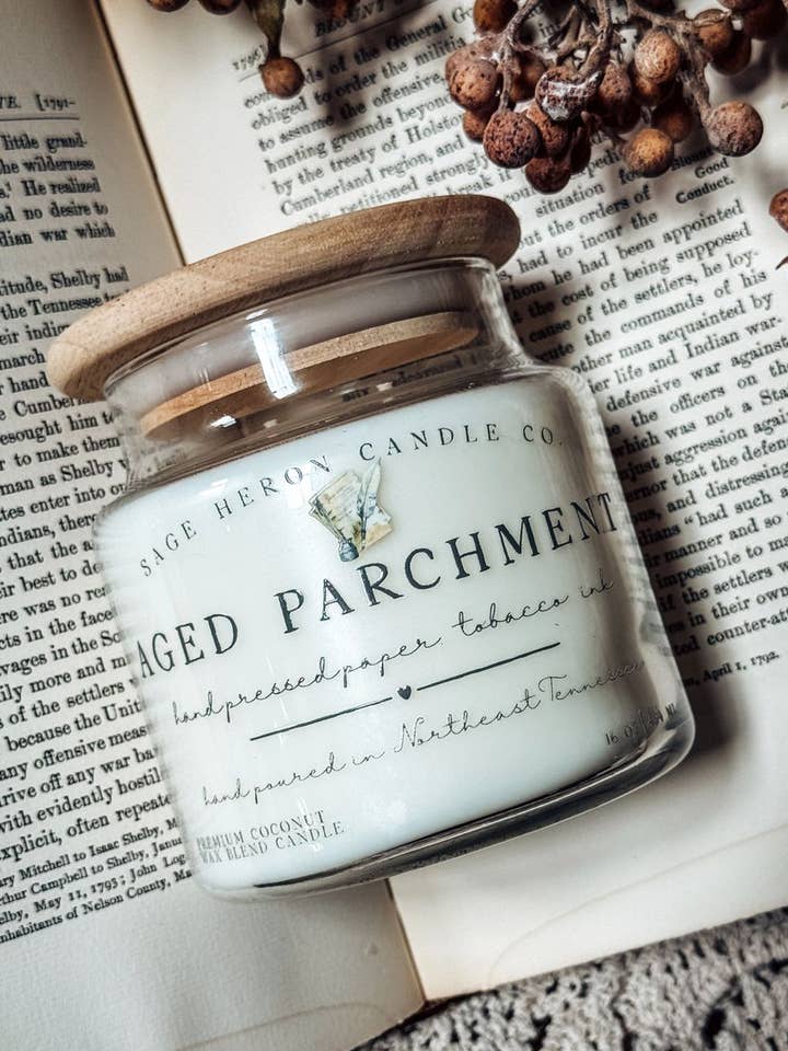 Aged Parchment Apothecary Candle for wholesale by SAGE HERON CANDLE CO.