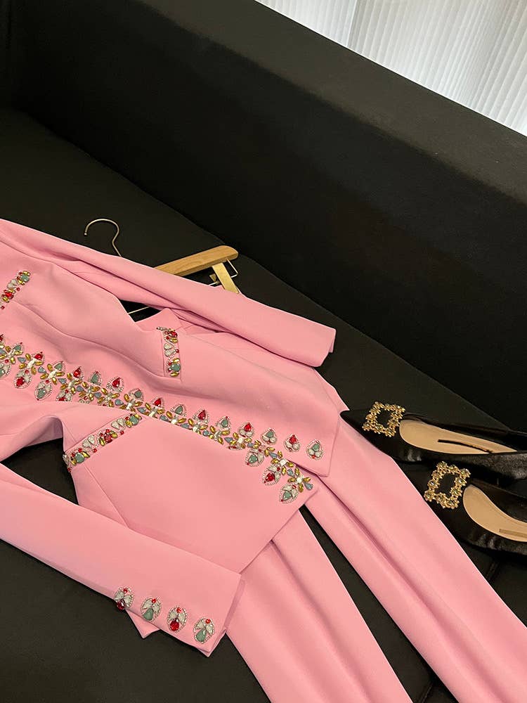 Rose Veste en diamant rose perlée à la main SY379 et costume pantalon skinny en vente sur Faire3