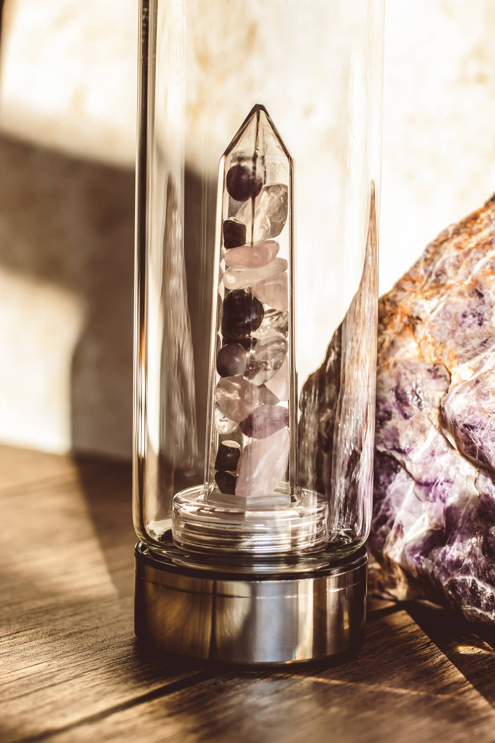 Mindful Living Co. – wholesale Water bottle – Gemstone Infused Glass Water Bottle – Love & Happiness Blend1