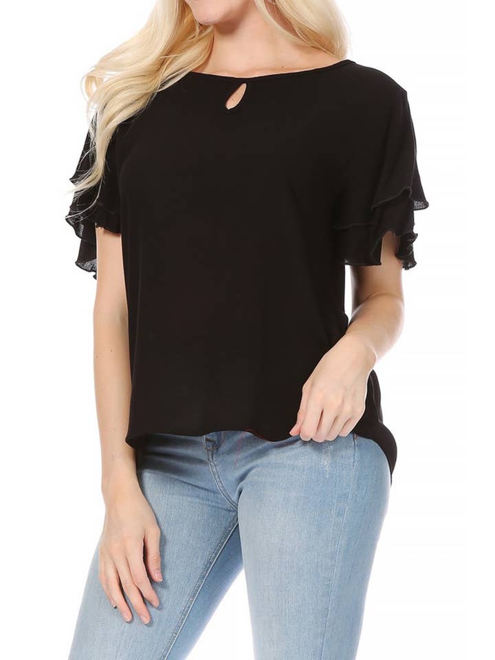 MOA COLLECTION - Wholesale Blouse - Women's - Casual Solid Flowy Short Flutter Sleeve Key Hole Blouse1