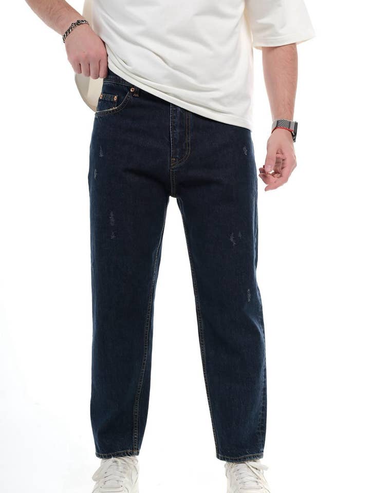 Herre Mørkeblå Lige Pasform Afslappede Denim Jeans 0924B9878 for engroshandel hos Monocloth