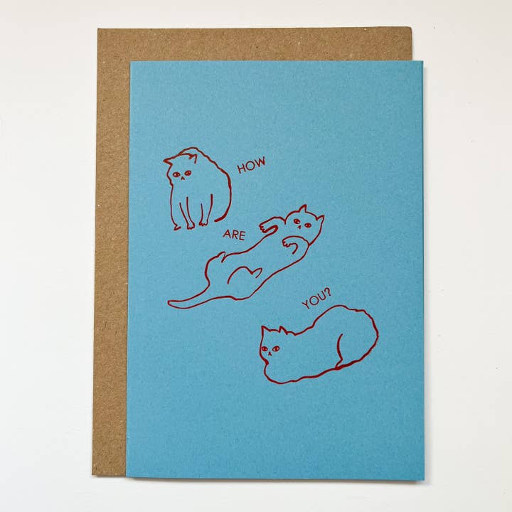 How are you? - hand foil block printed greeting card on recycled paper for wholesale by Takako Copeland