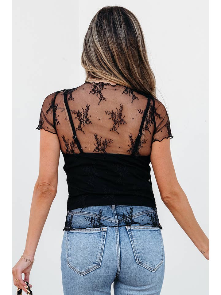 Black Floral Sheer Mesh Short Sleeve High Neck Blouse S-4X for wholesale on Faire