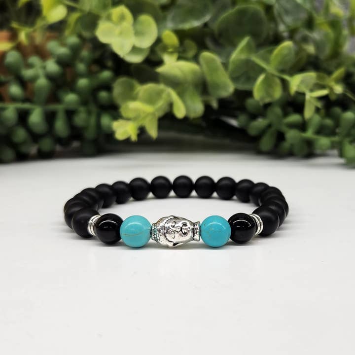 Buddha Bead with Turquoise and Black Obsidian-Matte 8mm for wholesale by Meraki Gemstones