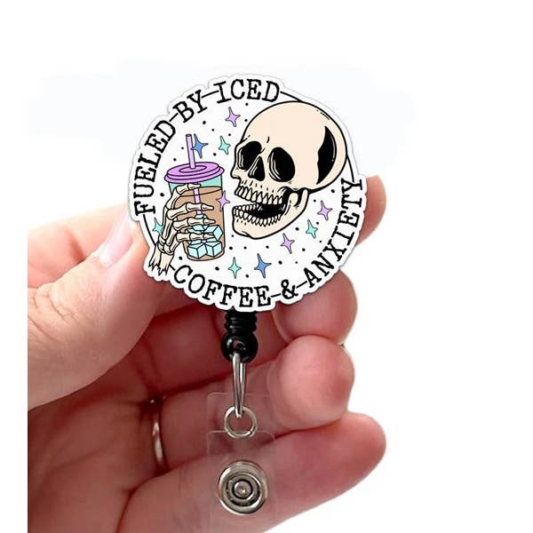 Fueled by Coffee and Anxiety Skeleton Acrylic Badge Reel for wholesale by Good Girl Gone Badge