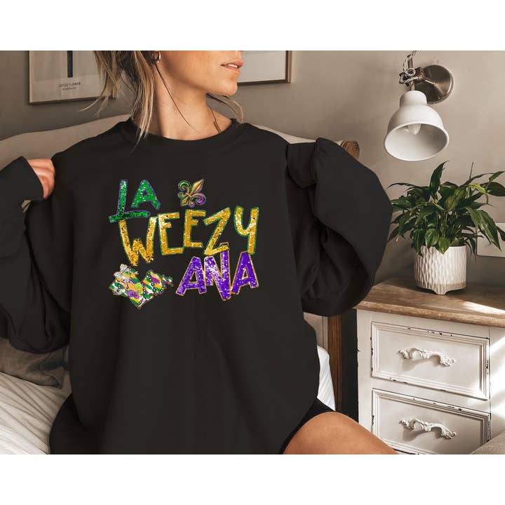 NVC Ecommerce LLC - Wholesale Graphic Sweatshirt - Women's - Retro Funny La Weezy Ana Shirt, Mardi Gras Sweatshirt