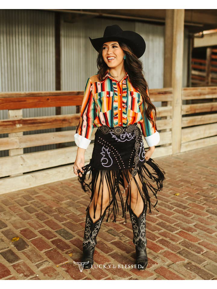 LUCKY & BLESSED - Wholesale Skirt - Women's - Black Stretch Suede Boot Stitch Embroidered Studded Skirt