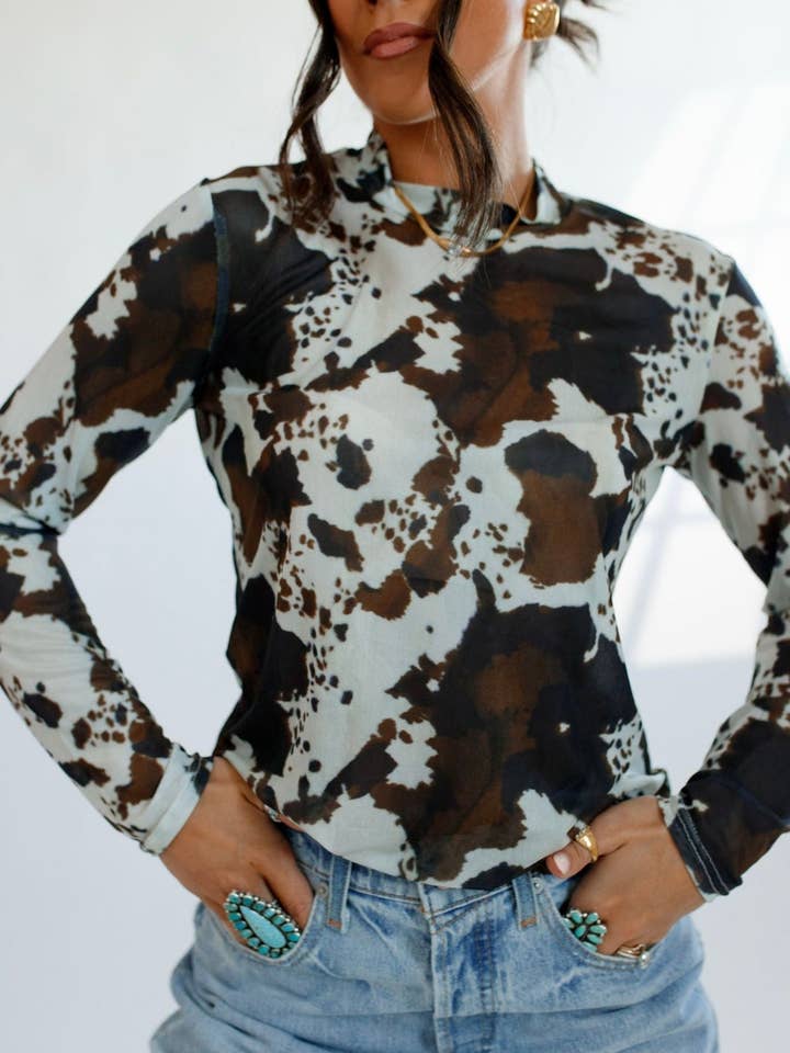 The Front Porch Label - Wholesale Blouse - Women's - Brown Cowhide Sheer Mock Neck Top4
