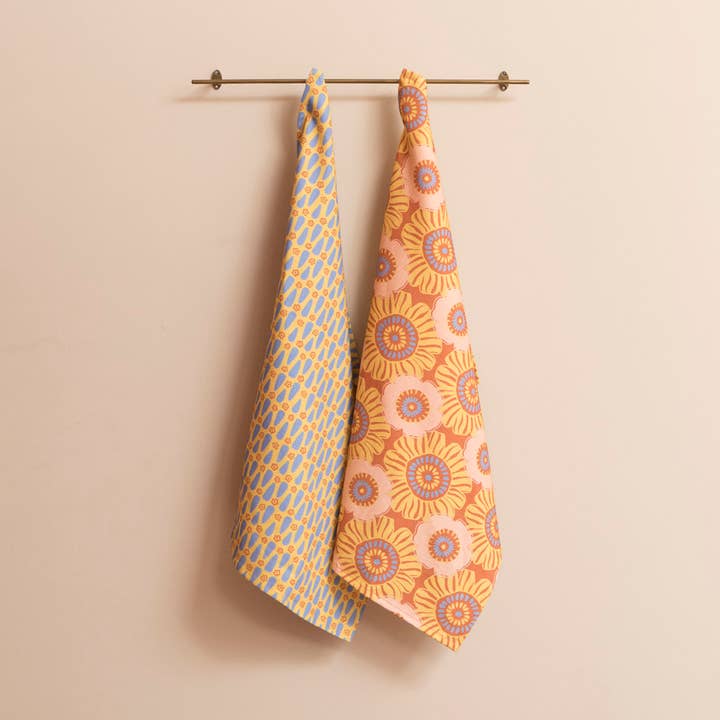 Yellow Brown Pop Floral Kitchen Towel Set 2 for wholesale by Mahe Homeware