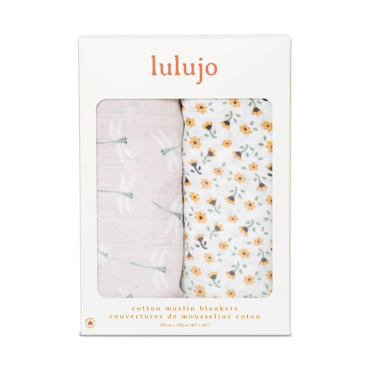 2-Pack Cotton Swaddle Blankets – Vintage Floral / Dragonfly for wholesale by Lulujo Baby