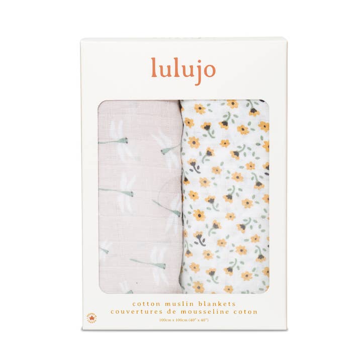 Pack de 2 Mantas de Algodão para Envolver – Floral Vintage / Libélula por atacado de Lulujo Baby