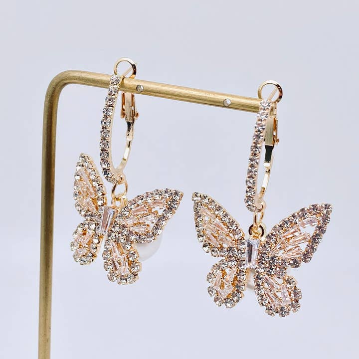 Mio Queena - Wholesale Huggie Earrings - Sparkling Glass Rhinestone Butterfly Huggie Earrings