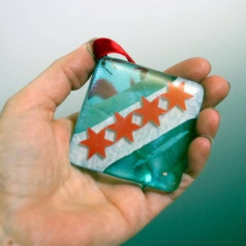 Kiku Handmade | Contemporary Fused Glass Home Goods - Wholesale Ornament - Chicago Flag Fused Glass 2.25" Ornament