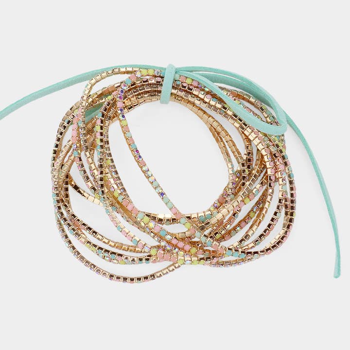 Sensibling Corp. - Wholesale Tennis Bracelet - 12PCS - Ribbon Colorful Rhinestone Layered Stretch Bracelets
