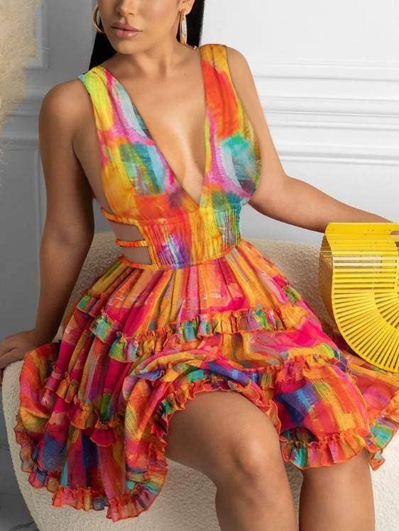 open jurk met ruches aan zoom en tie-dye voor wholesale door Queen Fashion