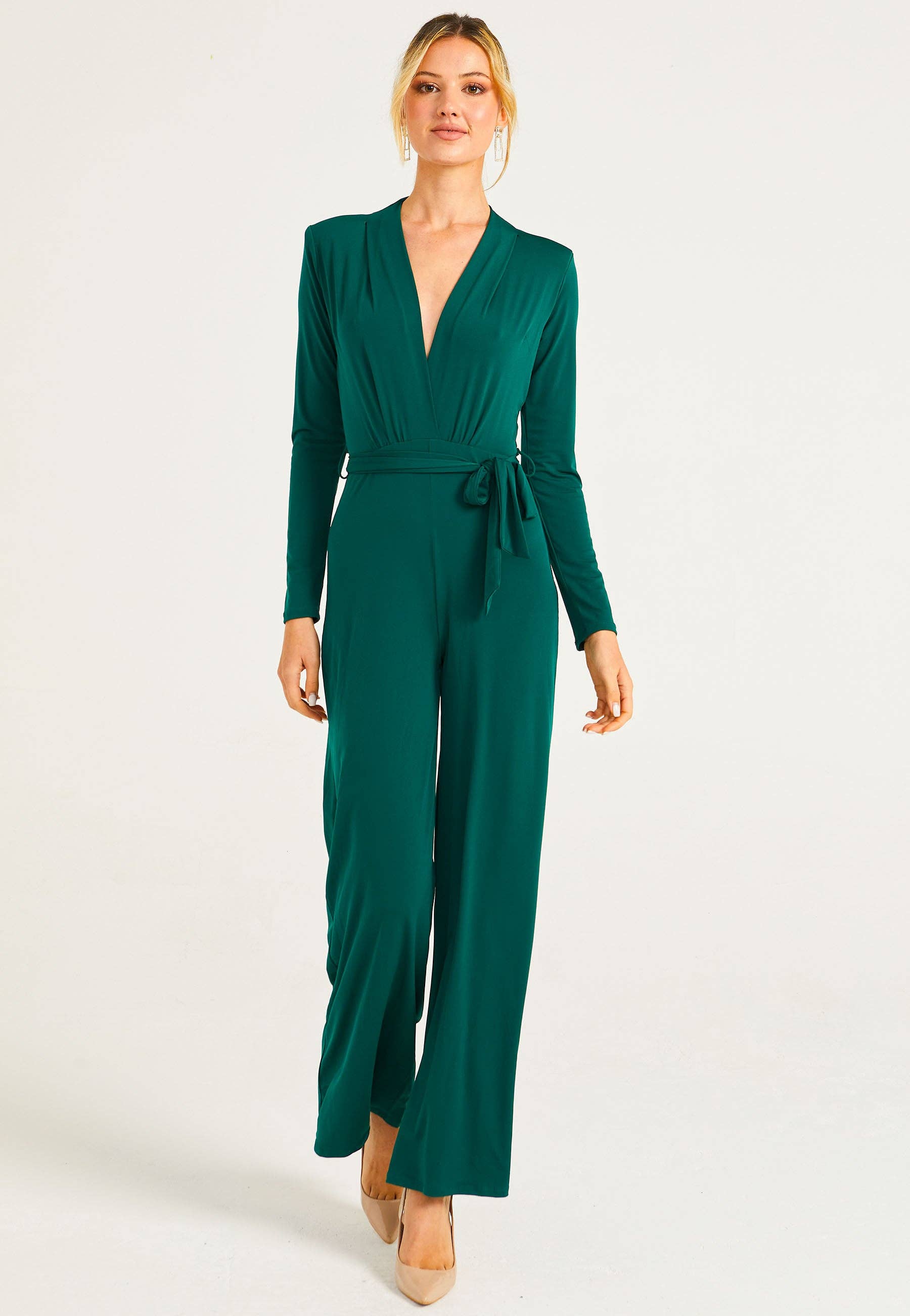 ANGELEYE – wholesale Jumpsuit – Women's – Plunge Neck Wide Leg Jumpsuit With Long Sleeves in Green0