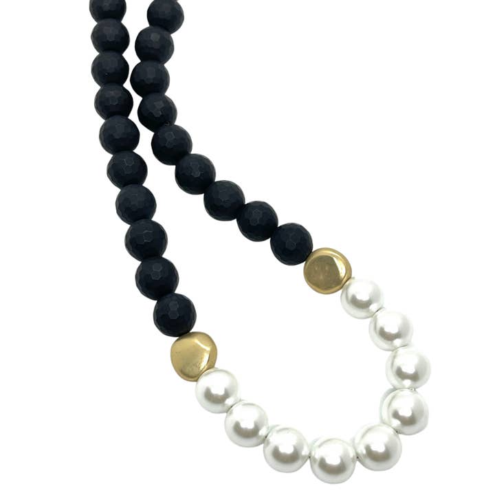 Deborah Grivas Designs - Wholesale Beaded/Pearl Necklace - Black Onyx Necklace With Front Glass Pearl and Gold Bead Accents1