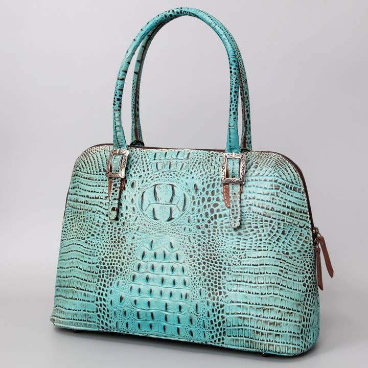 LS Western - Wholesale Tote bag – Women's - LC-ADBG986 Turquoise Croc Embossed Leather Western Tote Bag Structured Handbag by American Darling