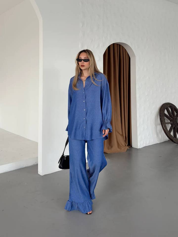 Linneblus med volanger och långa ärmar samt byxor med volangkant. för wholesale av Design company-Fatma Balkir