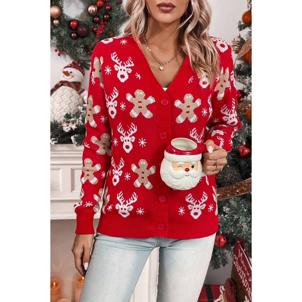RED Elk Gingerbread Man Snowflake V Neck Cardigan for wholesale on Faire3