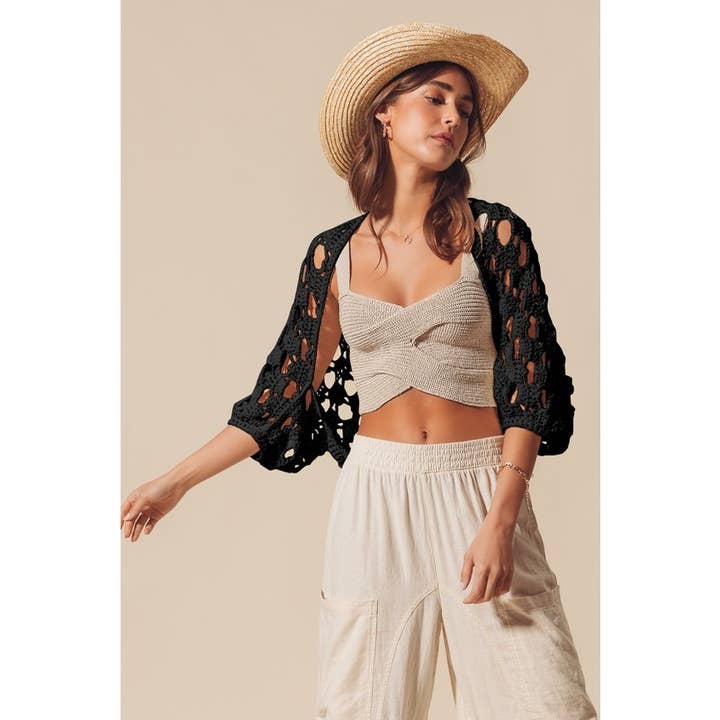 IVE - Wholesale Cardigan - Women's - OPEN NET CROCHET SUMMER CROP SHRUG CARDIGAN