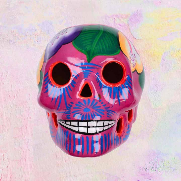 PINK PAMPAS - Wholesale Decorative Tabletop Object - Mexican ceramic skull, handmade Hibiscus design1