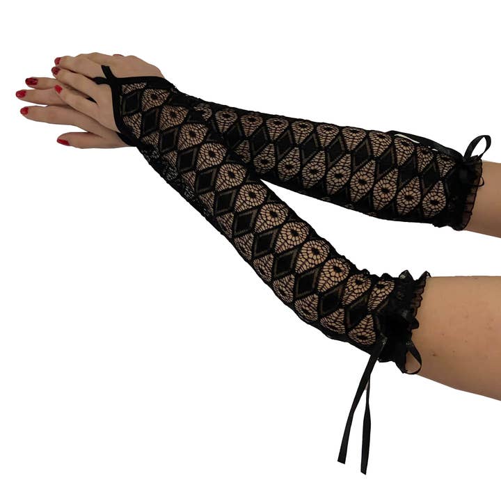 Black Boho Geo Lace Gloves with Finger Loop for wholesale on Faire