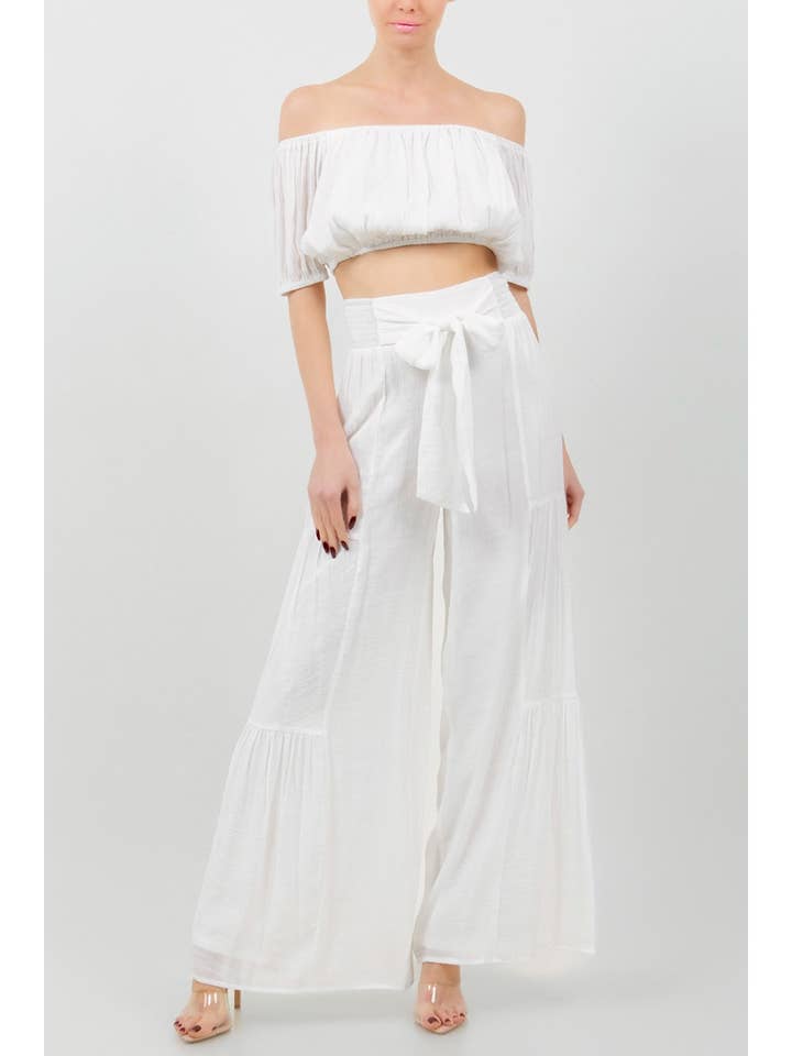 OFF SHOULDER PUFFY CROPPED TOP TIE WAIST for wholesale by FashionShowcase