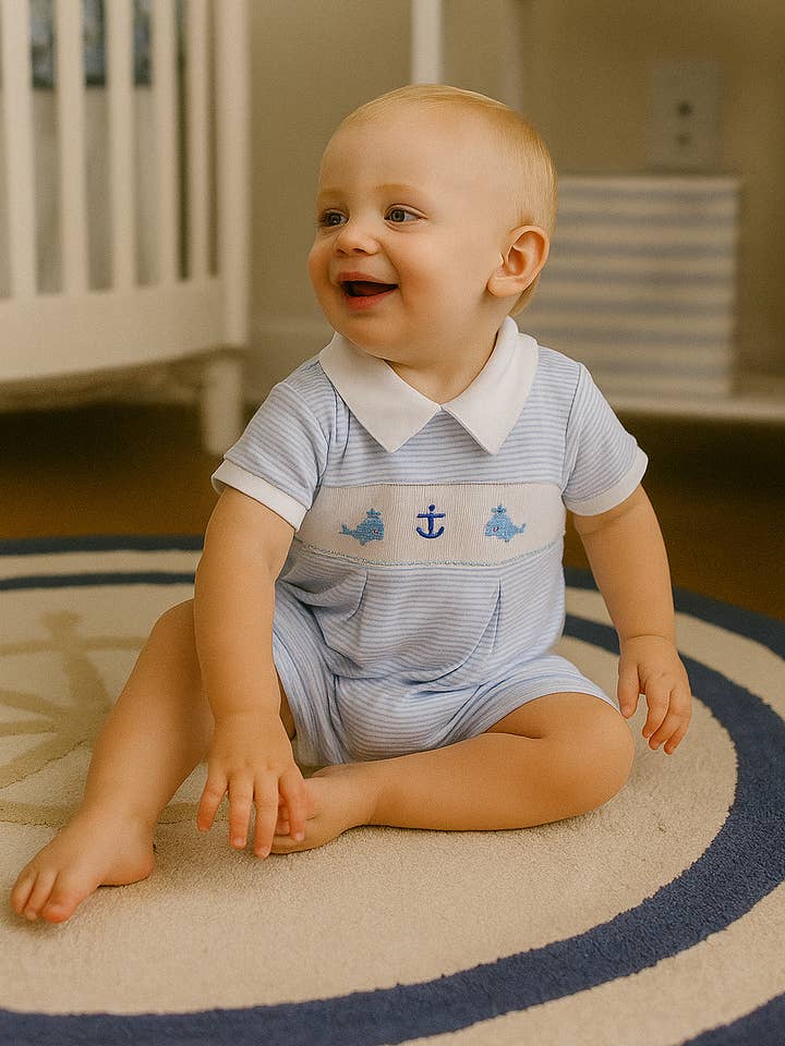 Barboteuse à smocks "Ancre & Baleines" pour bébé garçon pour la vente par Baby Threads