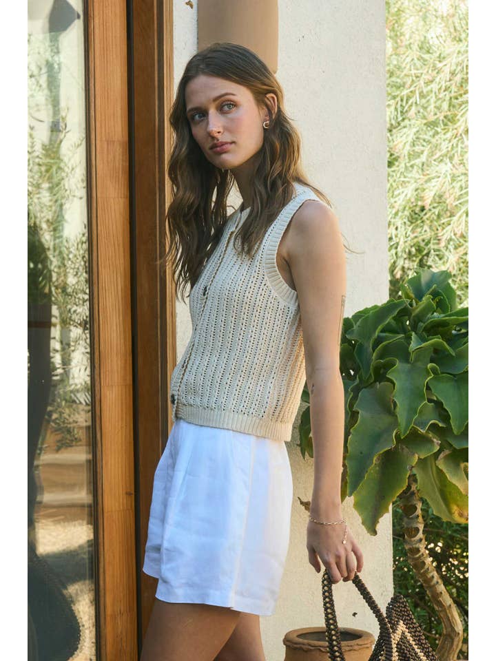 The Workshop Studio - Vente Cardigan – femme - CARDIGAN EN MAILLE SANS MANCHES À COL ROND AVEC BOUTONS12