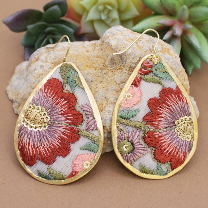 ZAD - Wholesale Dangle Earrings - Autumn Bloom Embroidered Teardrop Earrings