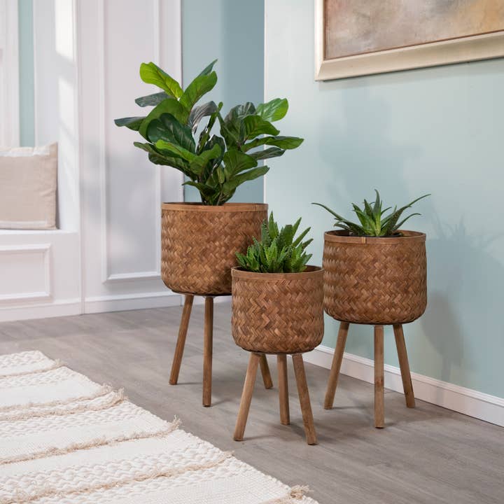 Sagebrook Home - Wholesale Plant Pot - Wood Wicker Planters Stand Set of 3 - Brown, 11/13/15 in.8
