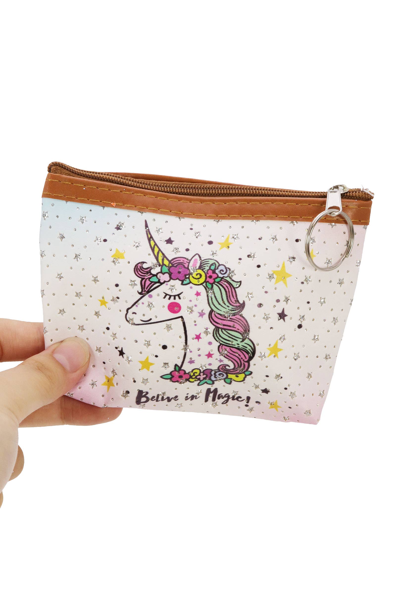 ASSORTED Unicorn Glitter Vegan Leather Trim Coin Purse for wholesale on Faire1