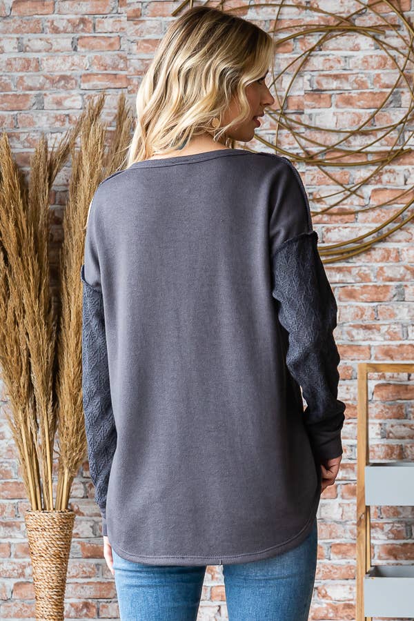 7th Ray - Vente Haut en maille – femme - Haut à manches longues en mélange de coton avec contraste en dentelle et boutons devant T525336