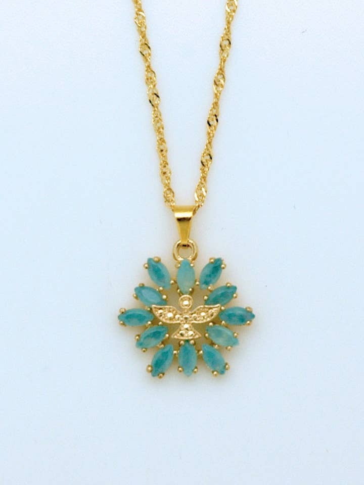 BMF68503- Aqua Crystal Angel Pendant Charm Necklace for wholesale by Contreras Designs