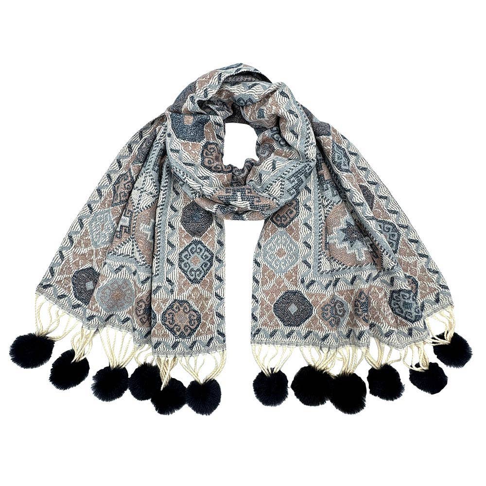 Sensibling Corp. – wholesale Halsduk - Dam – Elegant mönstrad vinterhalsduk med tofsdetaljer.11