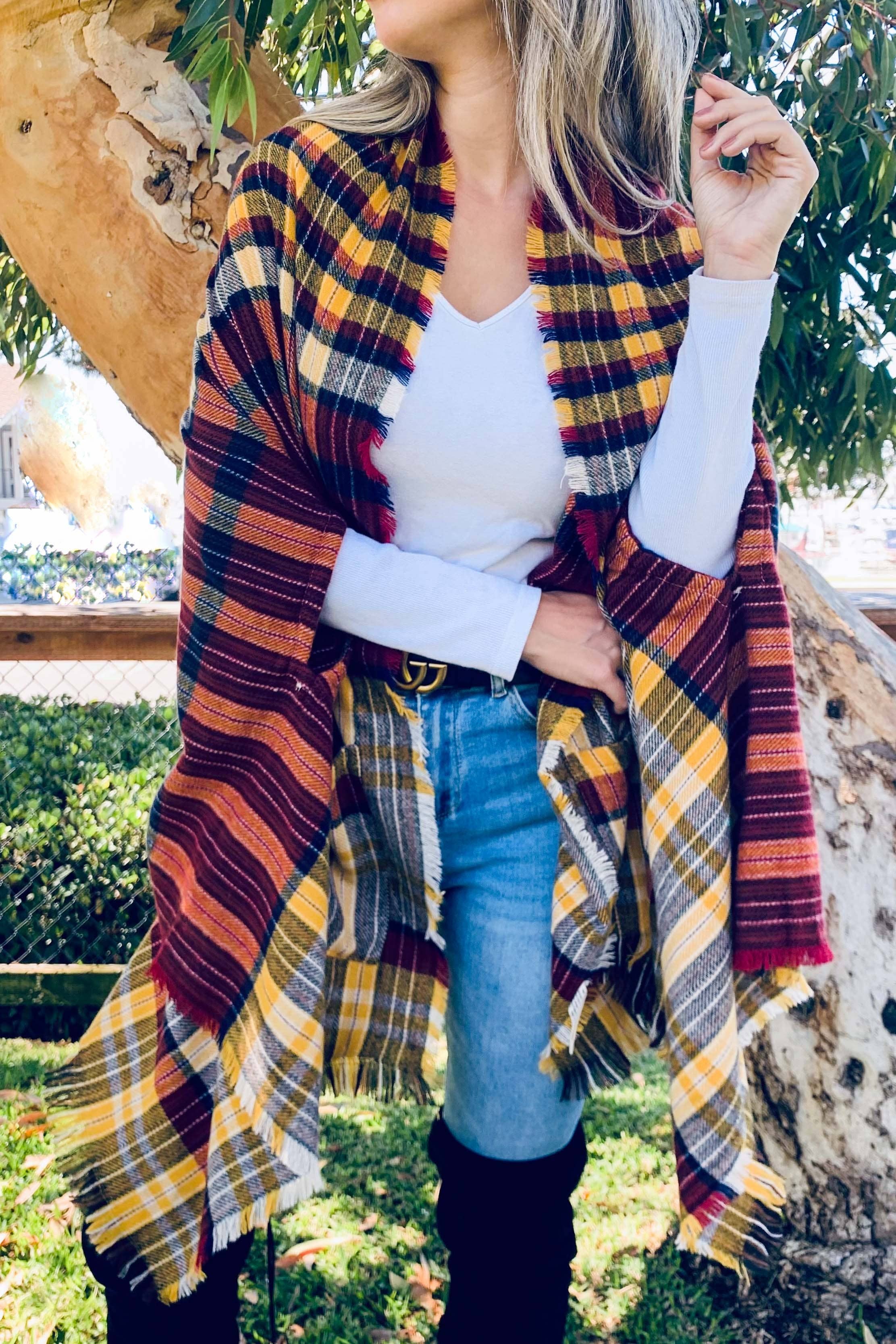 Mustard Plaid Knitted Shawl Scarf With Pocket for wholesale on Faire5