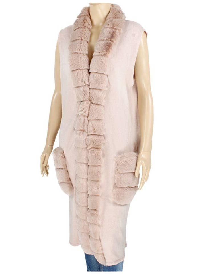 Manteau long sans manches avec panneaux en fausse fourrure P-1779 pour la vente par anbfashion