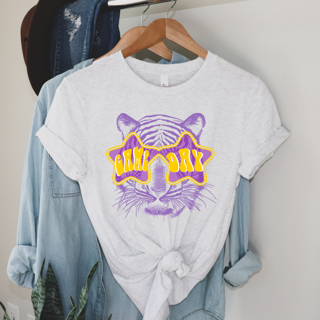 Pink House On River Road - Wholesale Screen Printed T-Shirt - Women's - Game Day Shade LSU Tigers Graphic Tee2